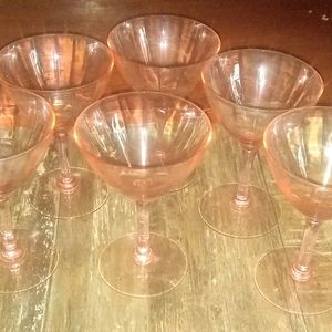Six Vintage Pink Depression Cocktail Glasses